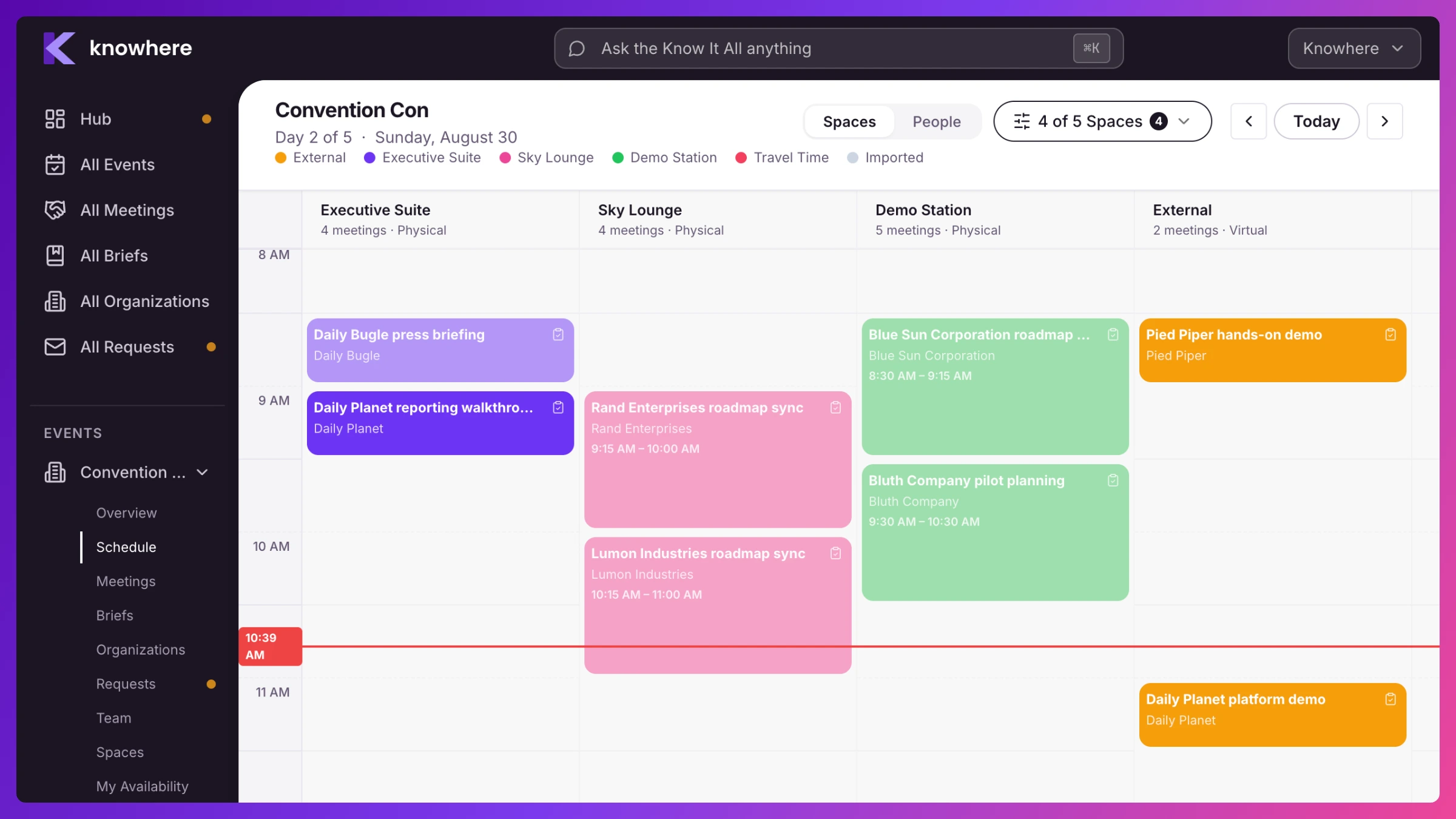 Event Schedule grid laid out by Space with a "now" line and a meeting carrying a Conflict tag