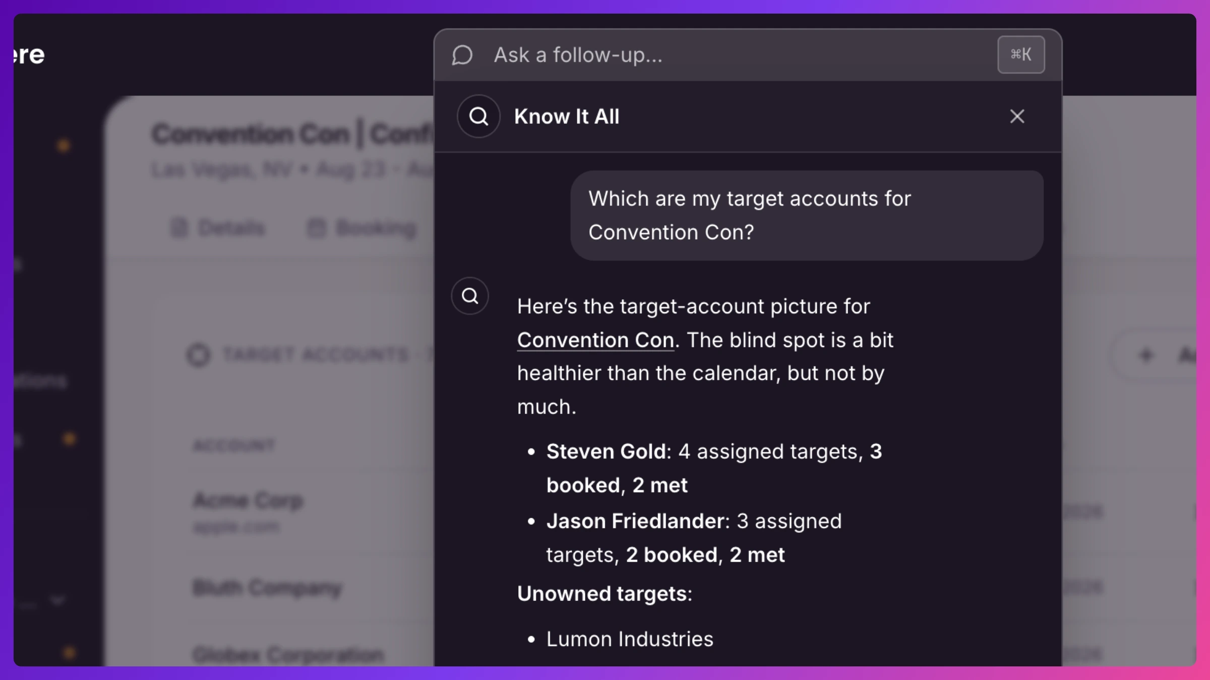 Know It All search box open with a typed question and an answered result linking into the app