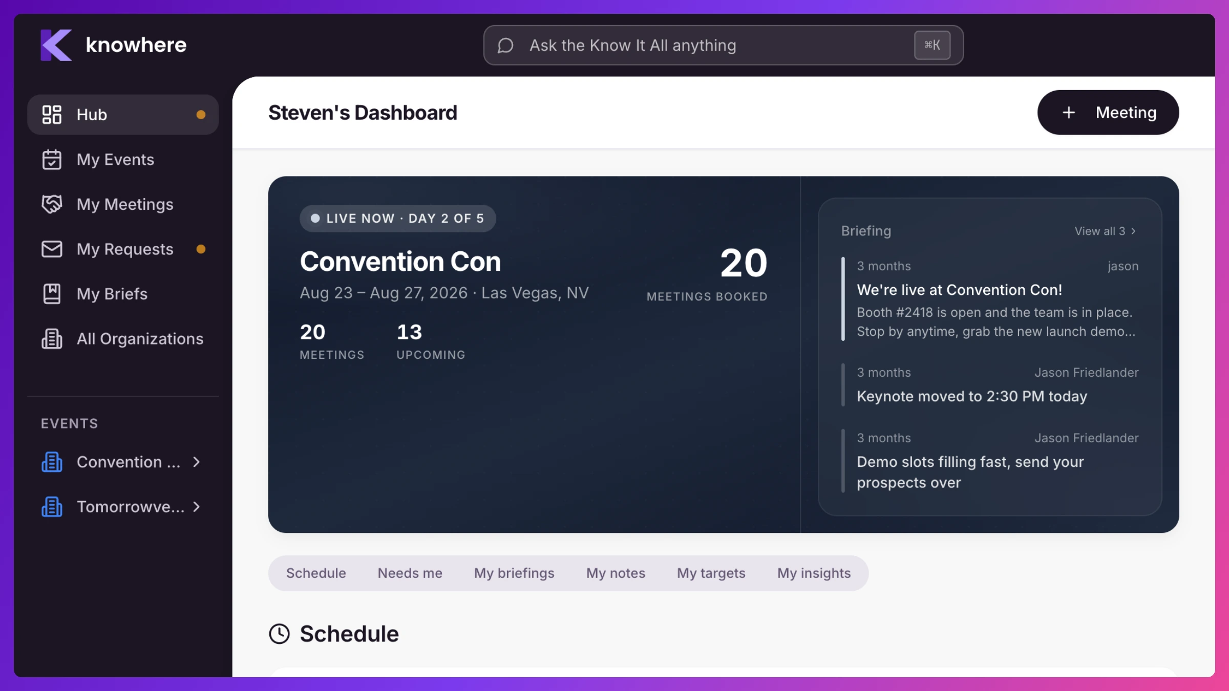 Team member My Dashboard showing today's agenda, events, and action items in the slate-blue theme