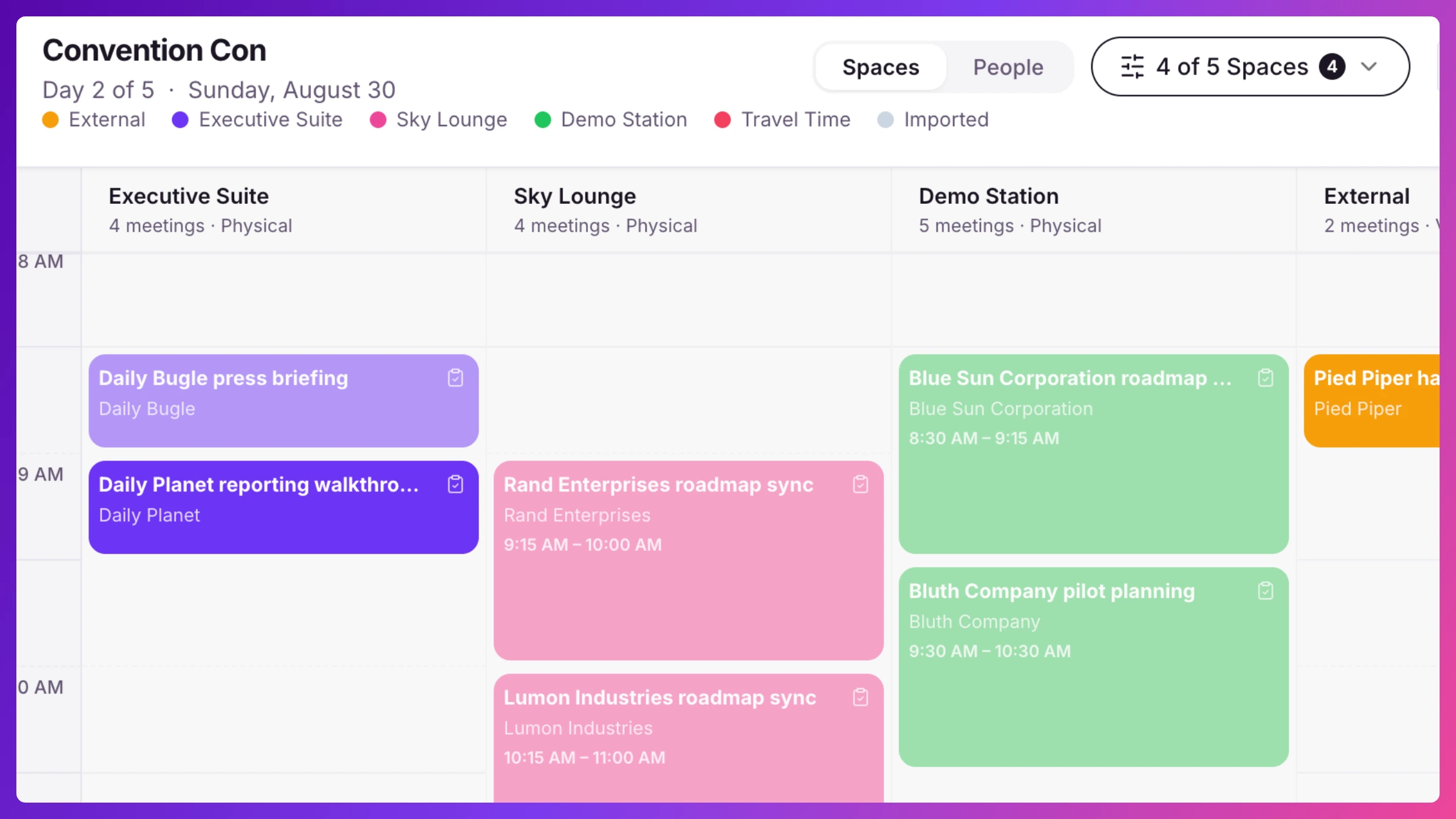 Schedule view laid out by Space